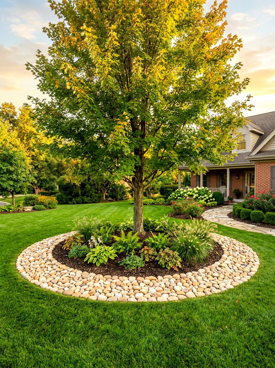 Tumbled stone circular bed - 30 stone edging front yard ideas