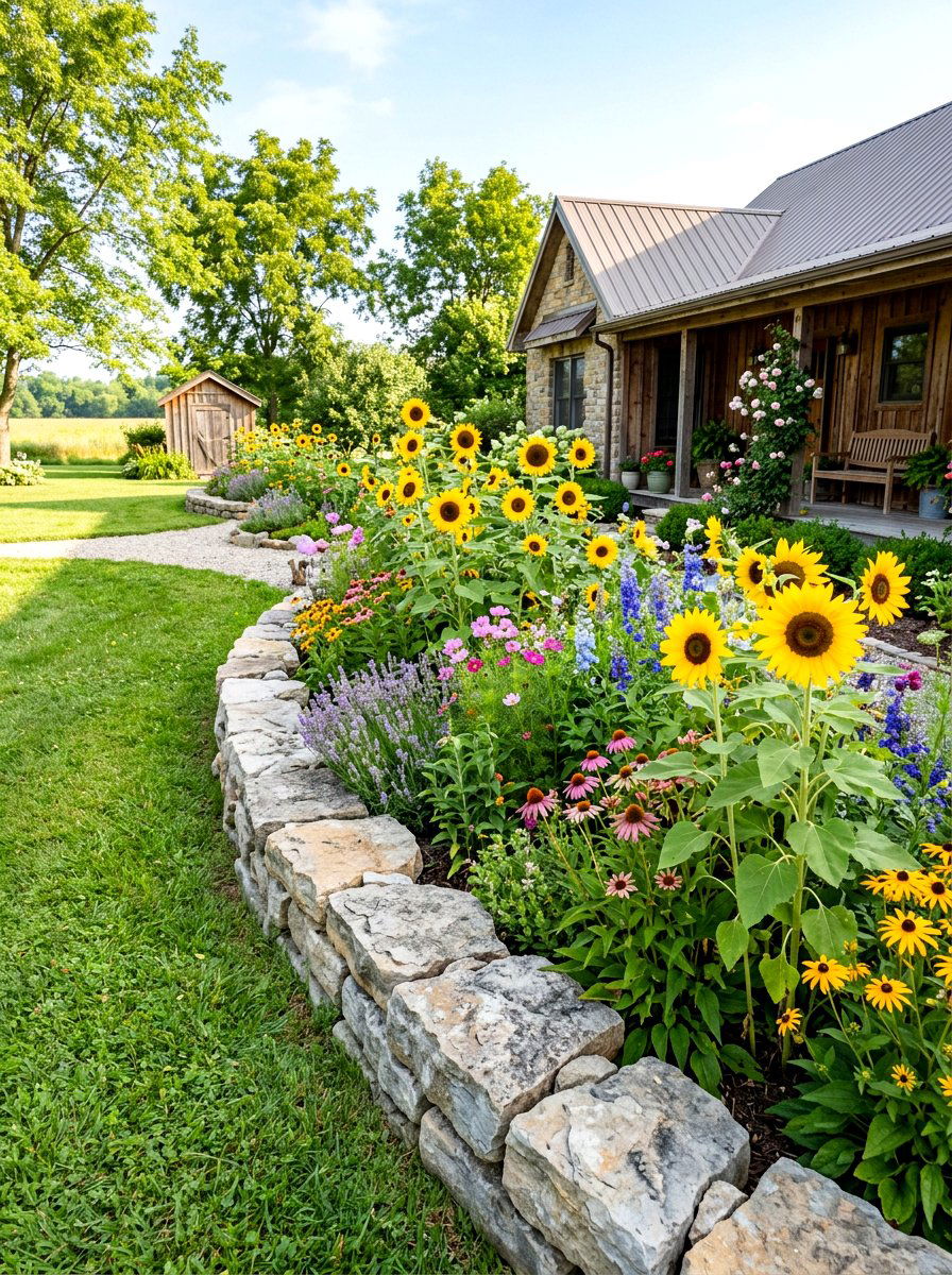 Tumbled stone flower bed edge - 30 paver garden border ideas