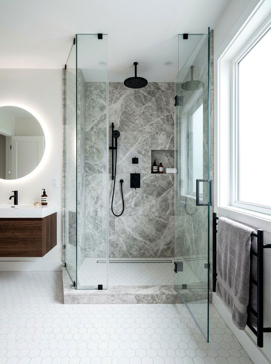 Tundra Grey Marble Shower - 30 stone slab shower ideas