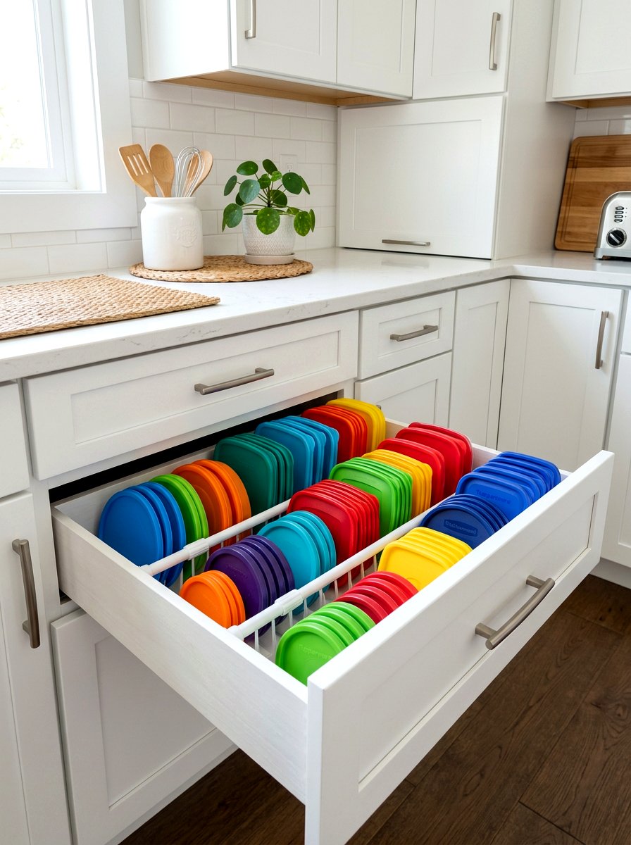 Tupperware Lid Organizer - 30 deep drawer storage ideas