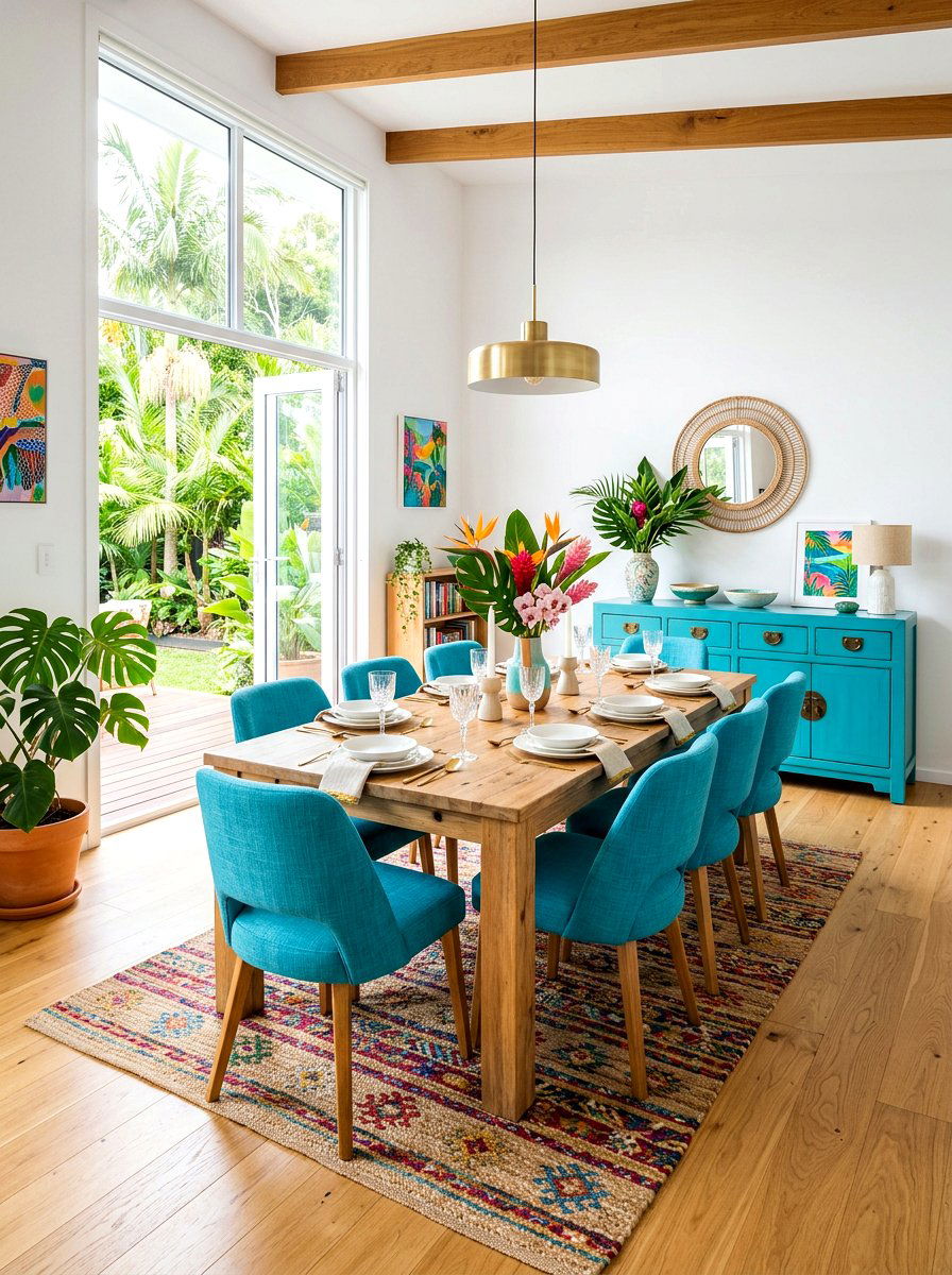 Turquoise Accent Dining Room - 30 coastal dining room ideas