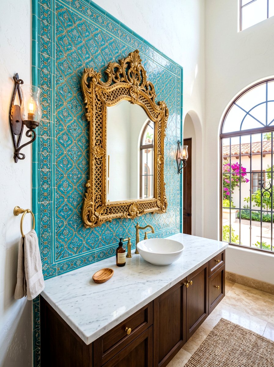 Turquoise Arabesque Wall Tile - 30 colorful bathroom tile ideas