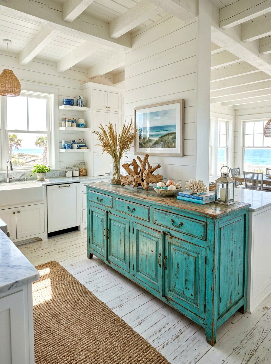 Turquoise Distressed Storage Sideboard - 30 freestanding kitchen cabinet ideas