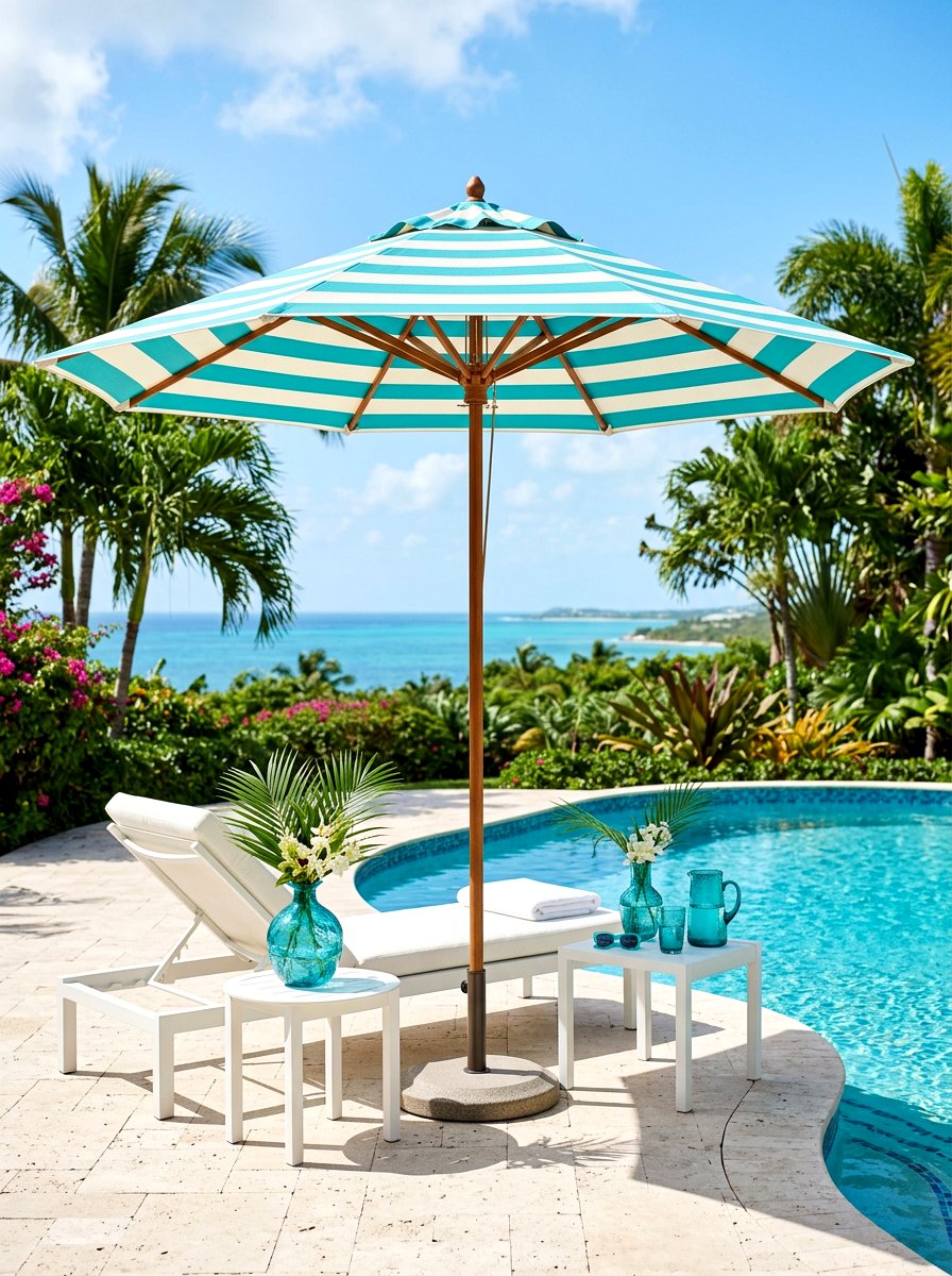 Turquoise Striped Pool Side Umbrella - 30 poolside striped umbrellas ideas