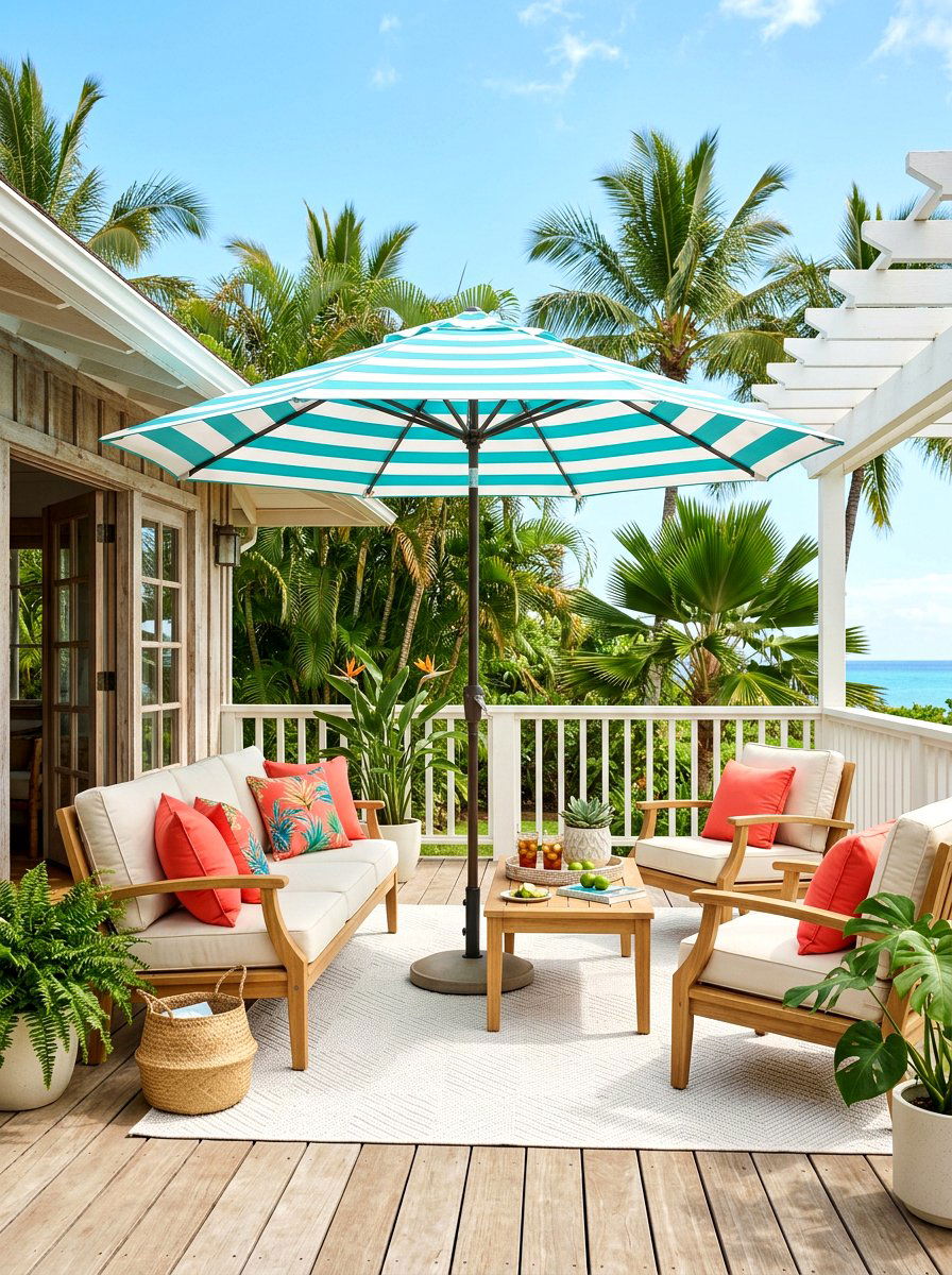 Turquoise Striped Umbrella - 30 striped porch umbrella ideas