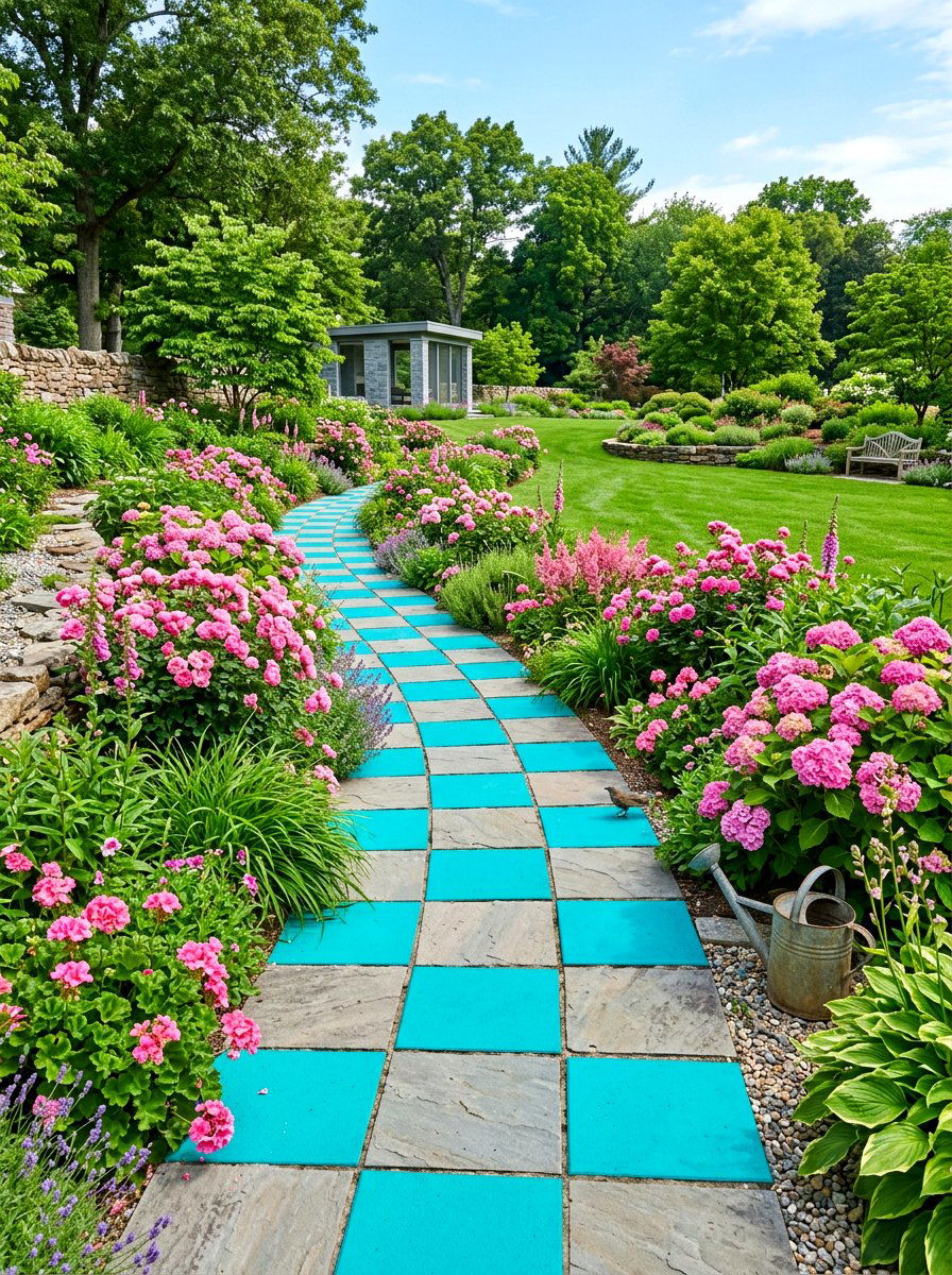 Turquoise checkerboard garden path - 30 bright checkerboard decor ideas