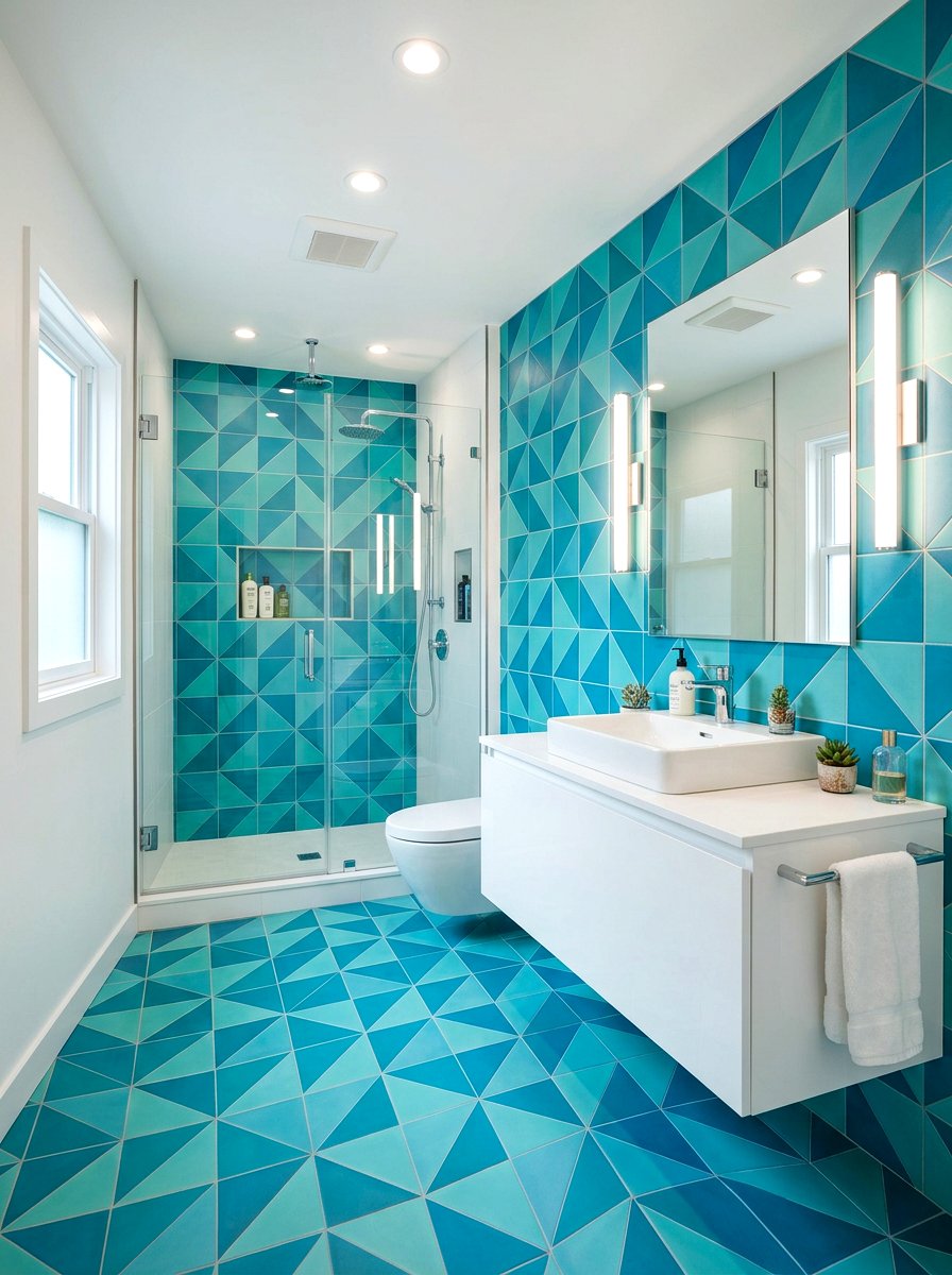 Turquoise geometric tile - 30 turquoise bathroom ideas