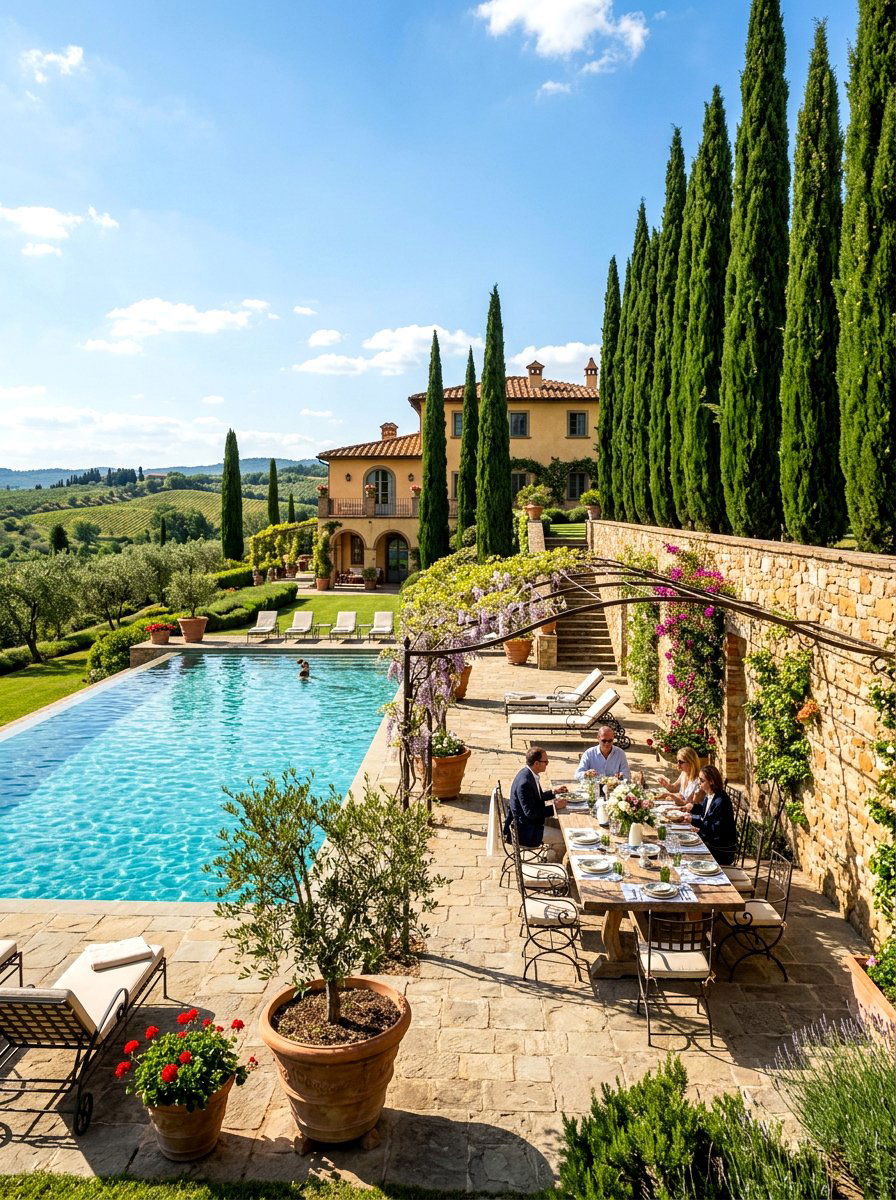 Tuscan Cypress Tree Border - 30 Mediterranean pool patio ideas