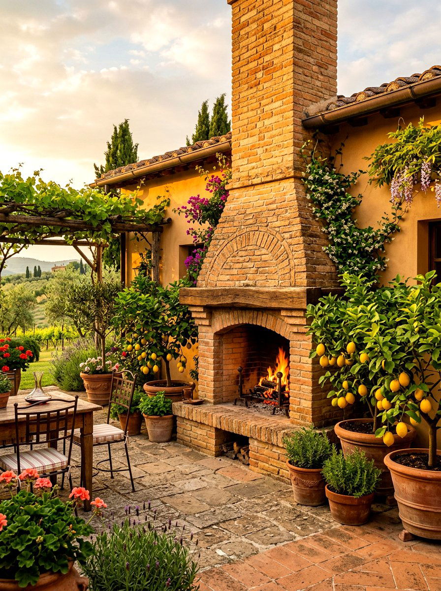 Tuscan style brick fireplace courtyard - 30 brick outdoor fireplace ideas