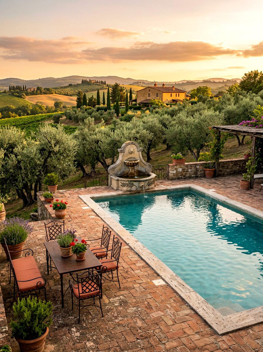 Tuscan style pool with olive trees - 30 poolside olive trees ideas
