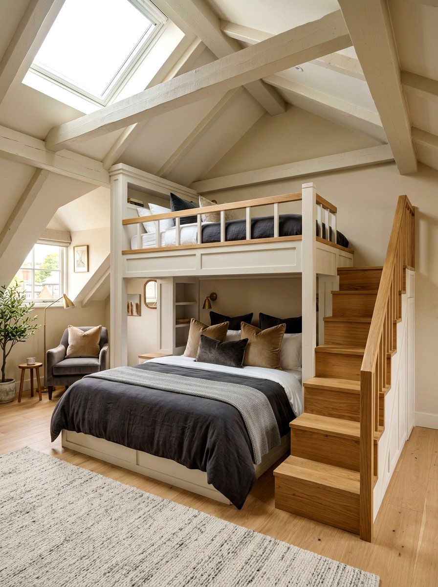 Twin Over Queen Attic Bunk - 30 attic bunk room ideas