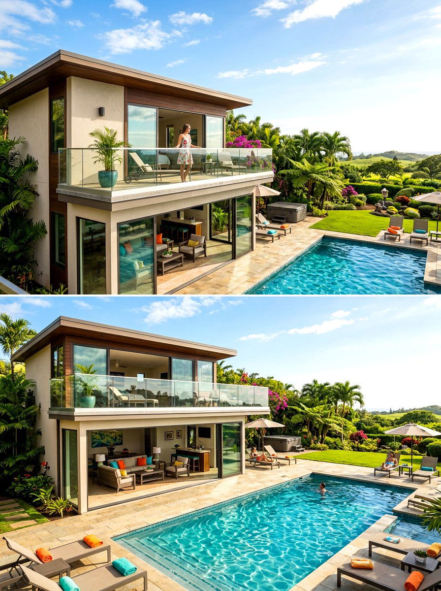 Two Story Pool House - 30 pool house lounge backyard ideas