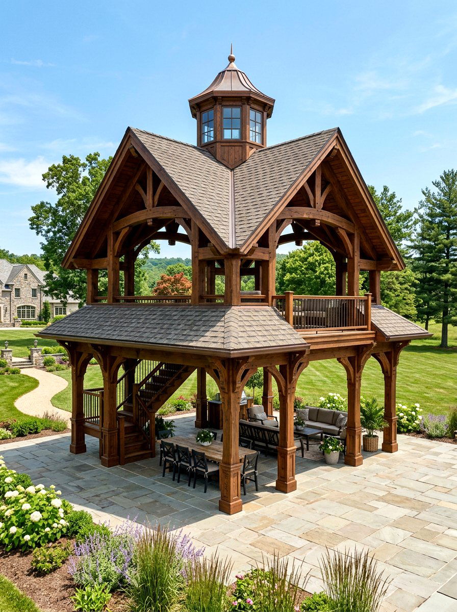 Two Tier Wood Pavilion - 30 wood pavilion patio ideas