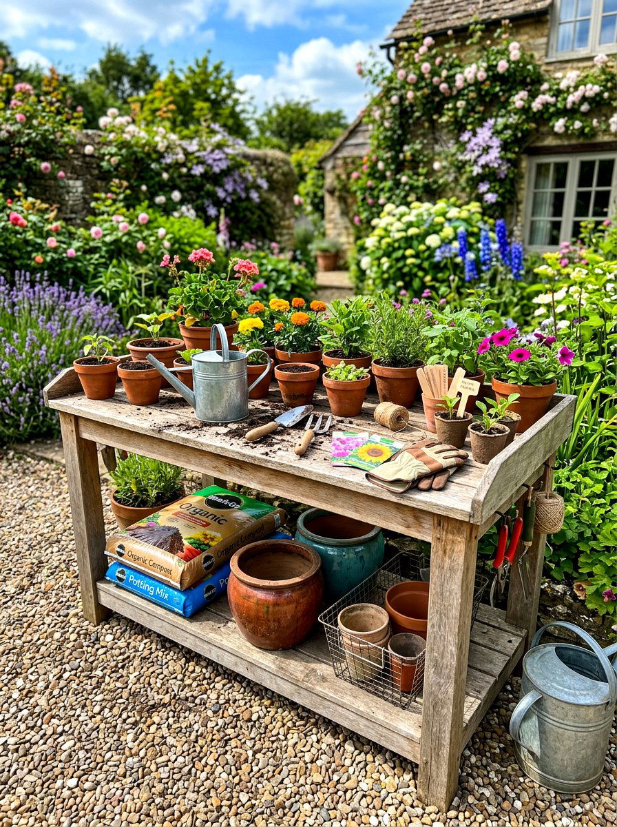 Two Tier Wood Potting Bench - 30 outdoor potting station ideas