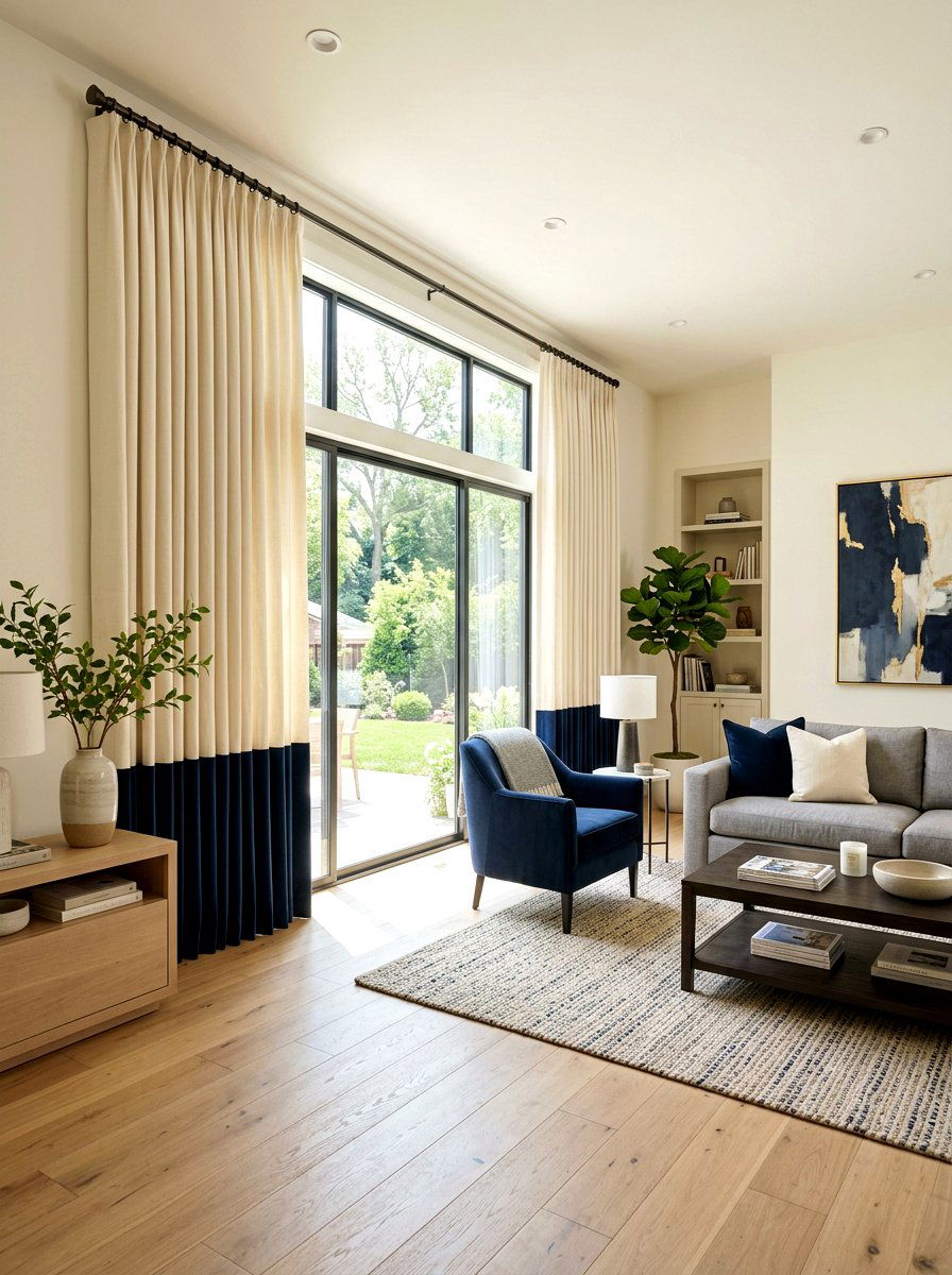 Two Tone Color Block Living Room - 30 tailored drapery living room ideas