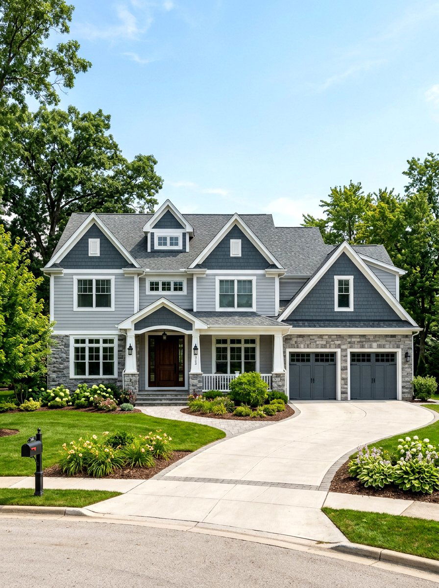 Two Tone Gray Siding With Stacked Stone - 30 mixed siding exterior ideas