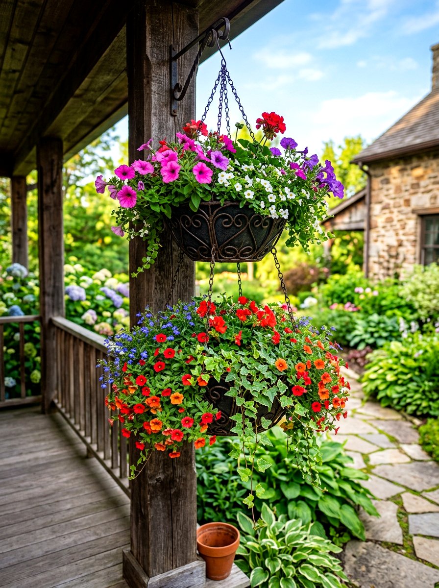 Two tier hanging basket - 30 hanging flower basket ideas