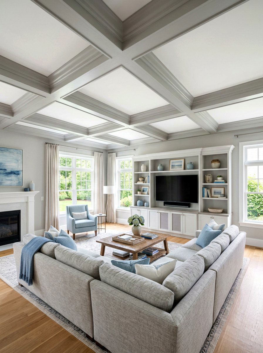 Two tone coffered ceiling family room - 30 coffered ceiling ideas