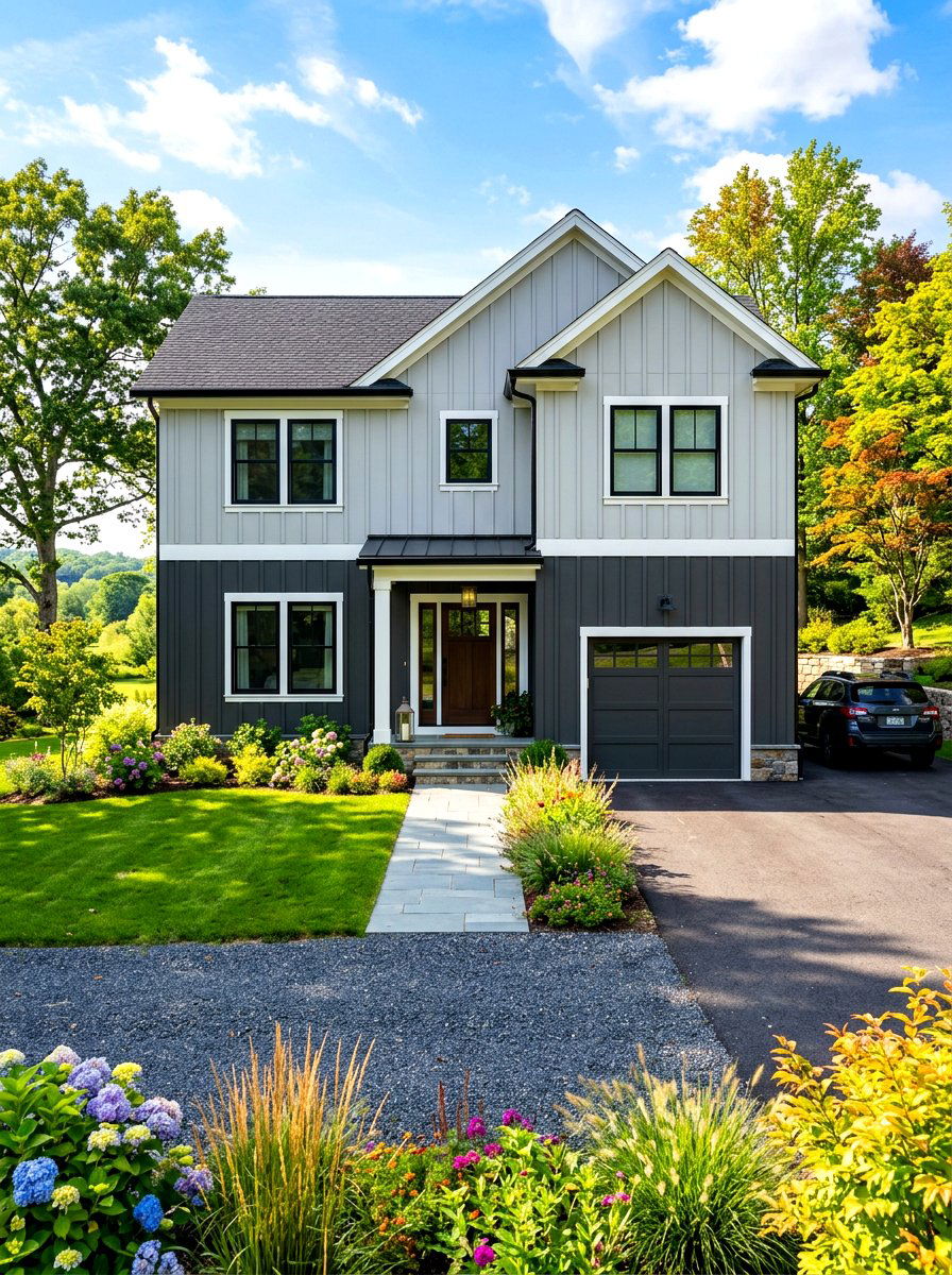 Two tone exterior siding - 30 board and batten exterior trim ideas
