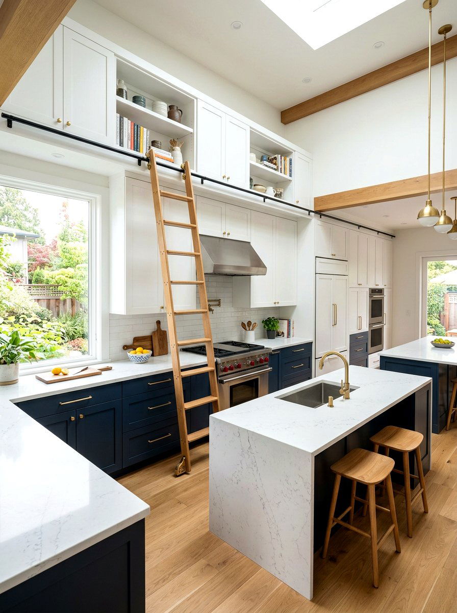 Two tone kitchen ladder - 30 library ladder kitchen ideas