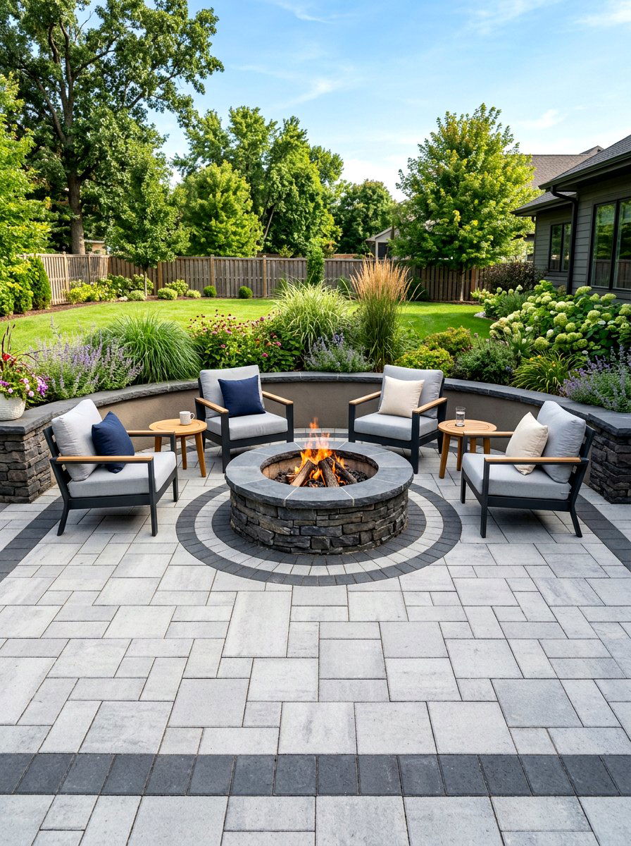 Two tone paver fire pit patio - 30 paver fire pit patio ideas