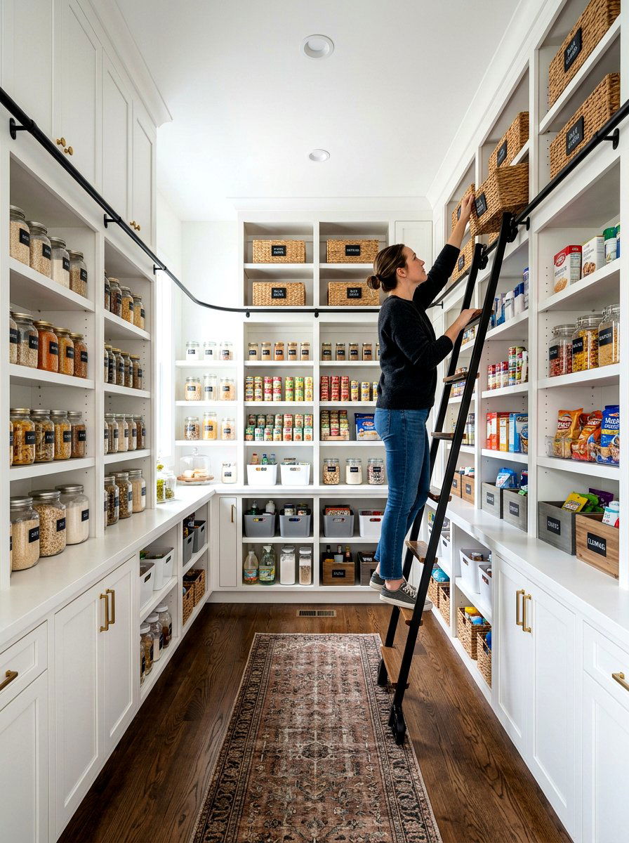 U Shaped Pantry With Rolling Ladder - 30 pantry with library ladder ideas