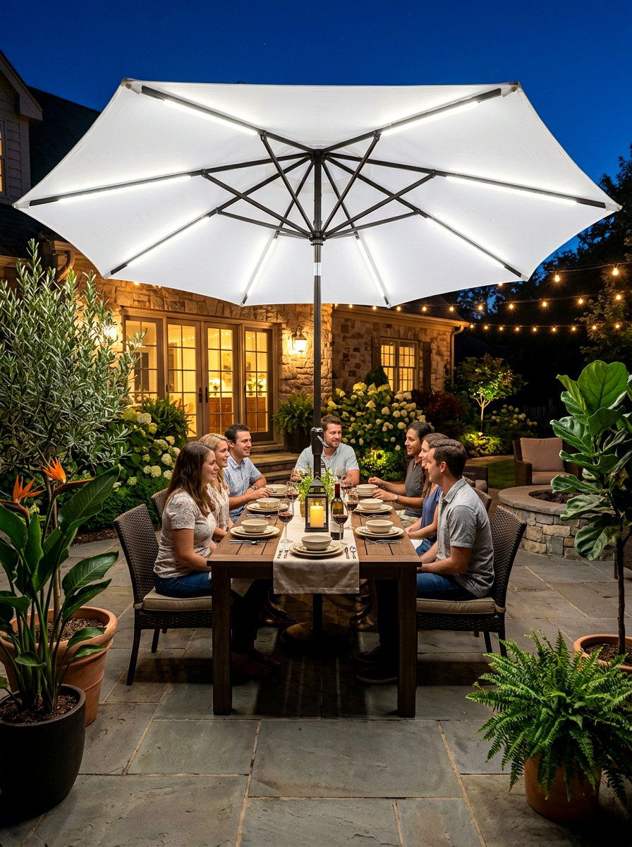 Umbrella Lights - 30 apartment patio lighting ideas