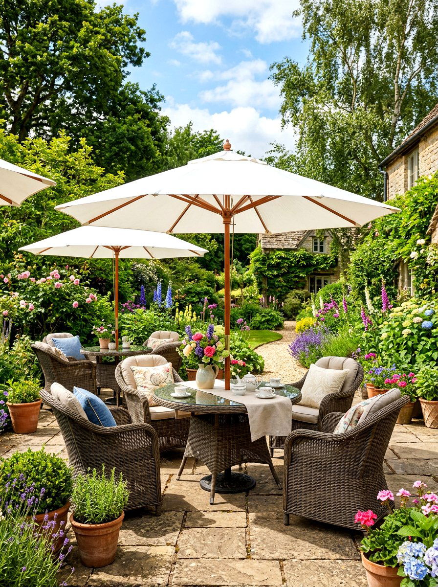 Umbrella shaded garden seating - 30 baby shower backyard decor ideas
