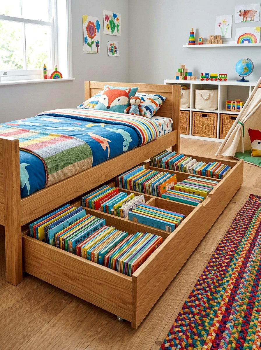 Under Bed Book Drawer - 30 playroom bookshelf ideas