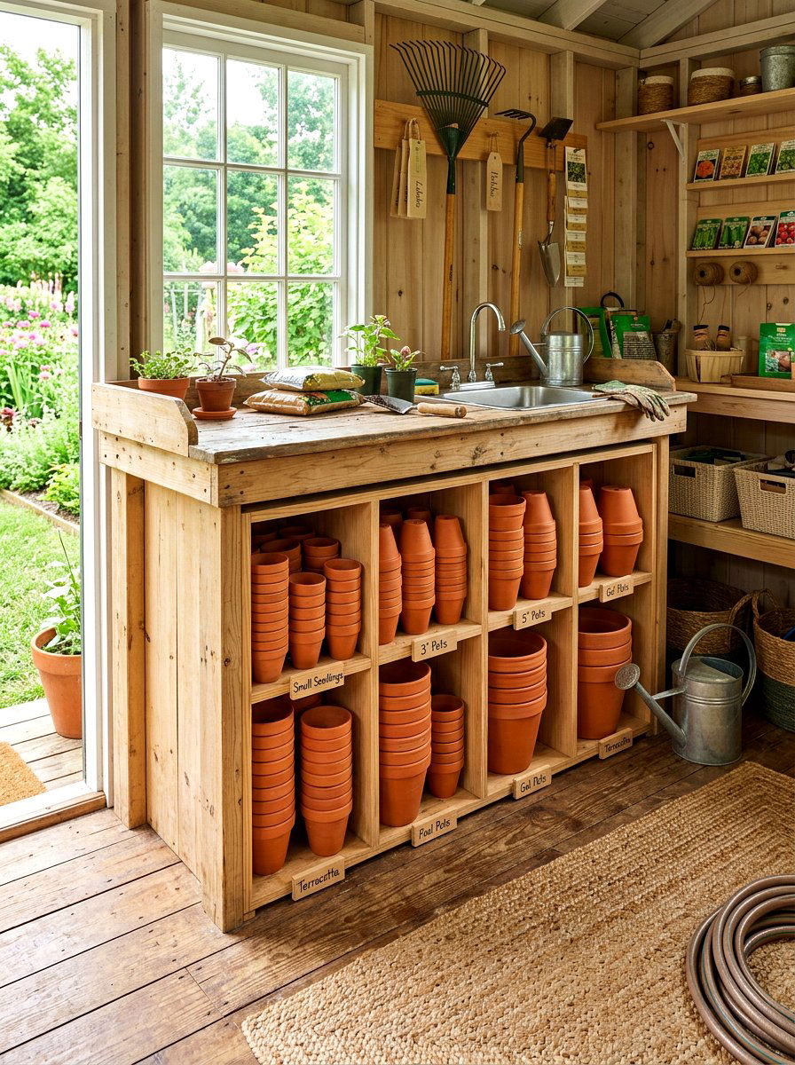 Under Bench Cubby - 30 potting bench storage ideas