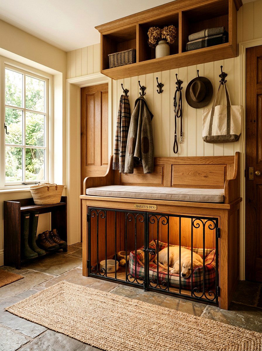Under Bench Dog Kennel - 30 mudroom pet station ideas