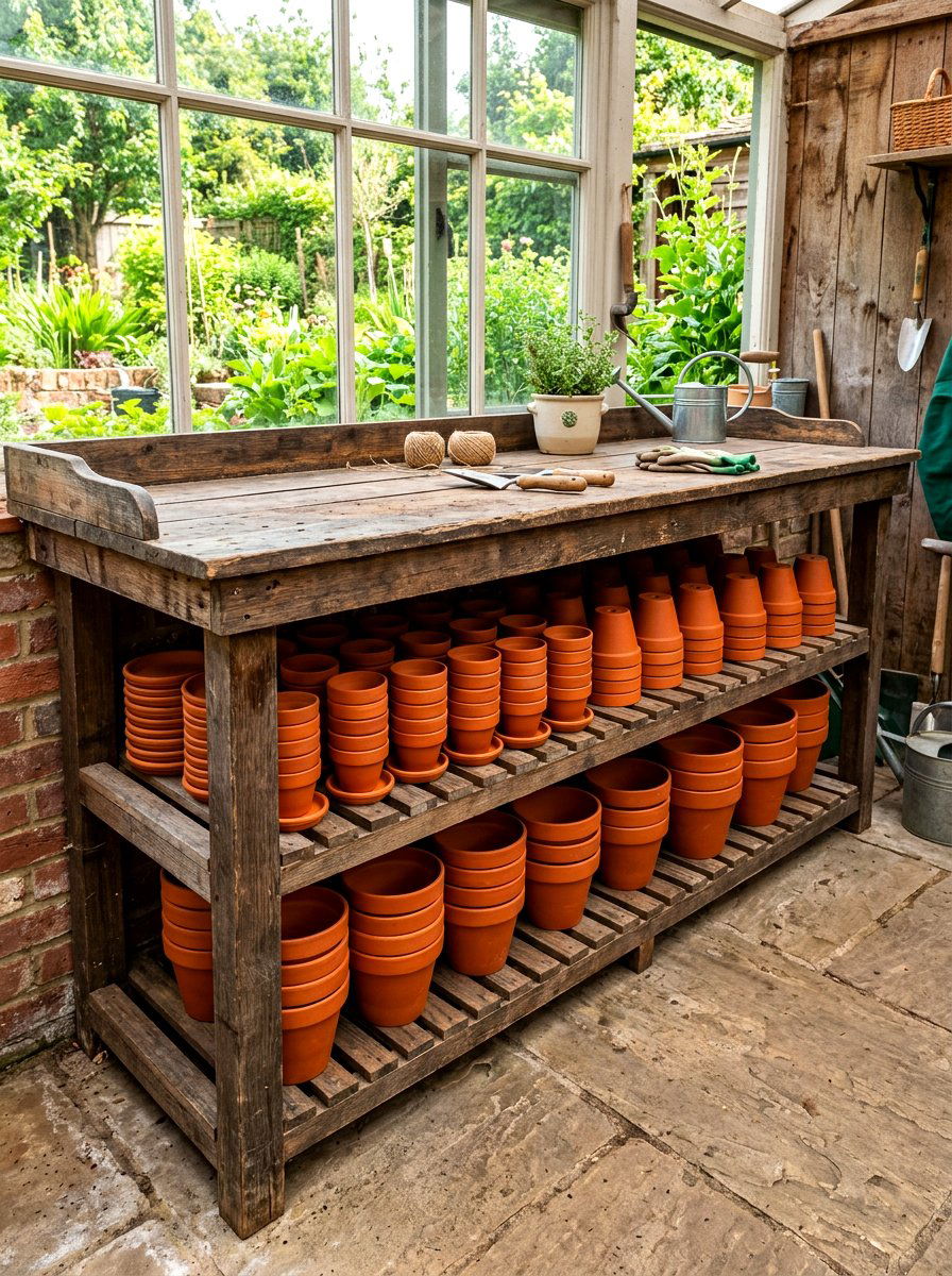 Under Bench Pot Storage - 30 greenhouse potting area ideas