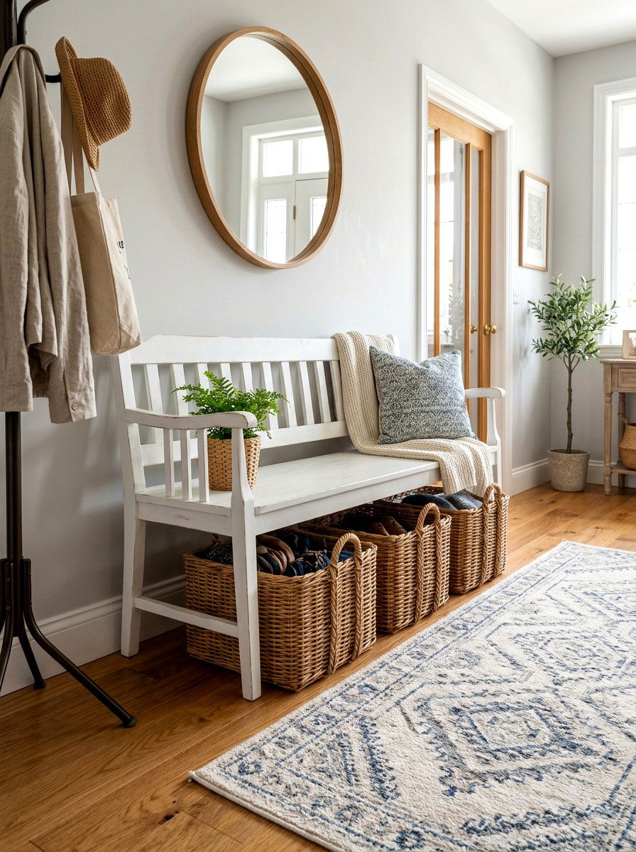 Under Bench Storage Baskets - 30 slim foyer storage ideas