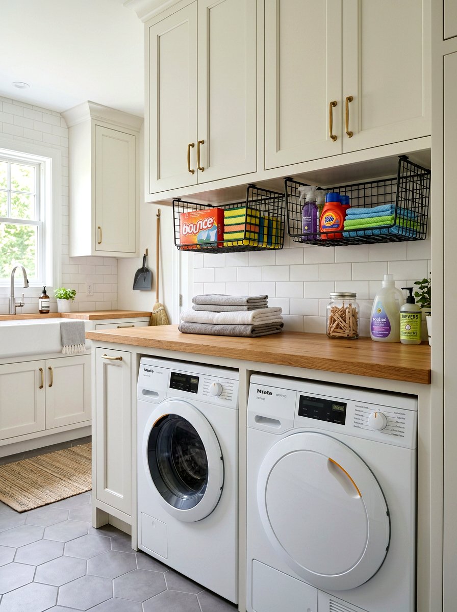 Under Cabinet Wire Baskets - 30 laundry room shelf ideas