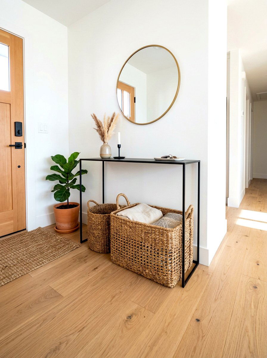 Under Console Woven Basket - 30 hidden shoe storage apartment ideas
