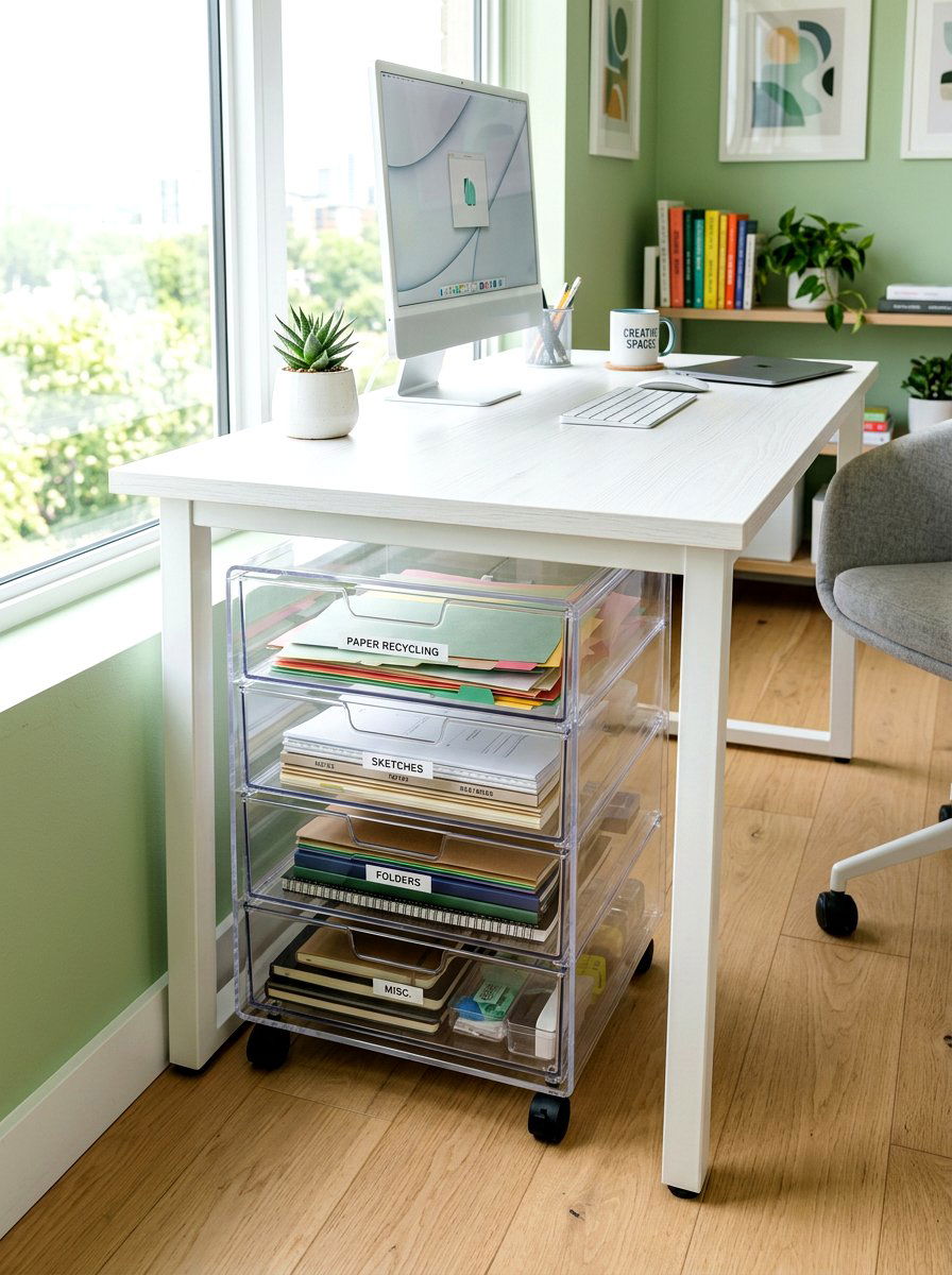 Under Desk Bins - 30 scrapbook room ideas
