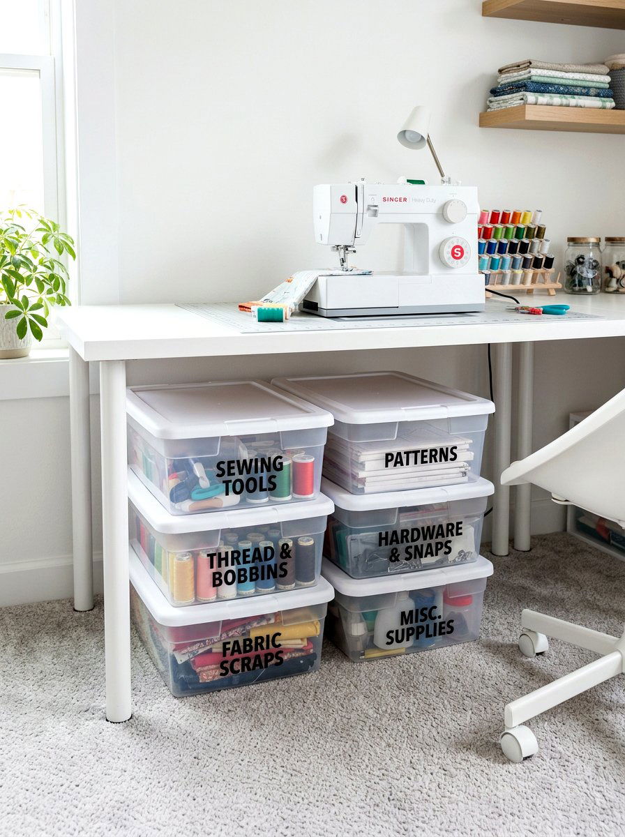 Under Desk Storage Bins - 30 quilting room ideas