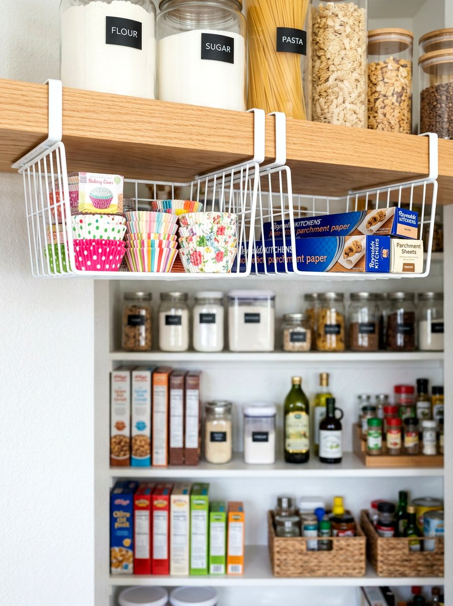 Under Shelf Pantry Basket - 30 baking pantry ideas