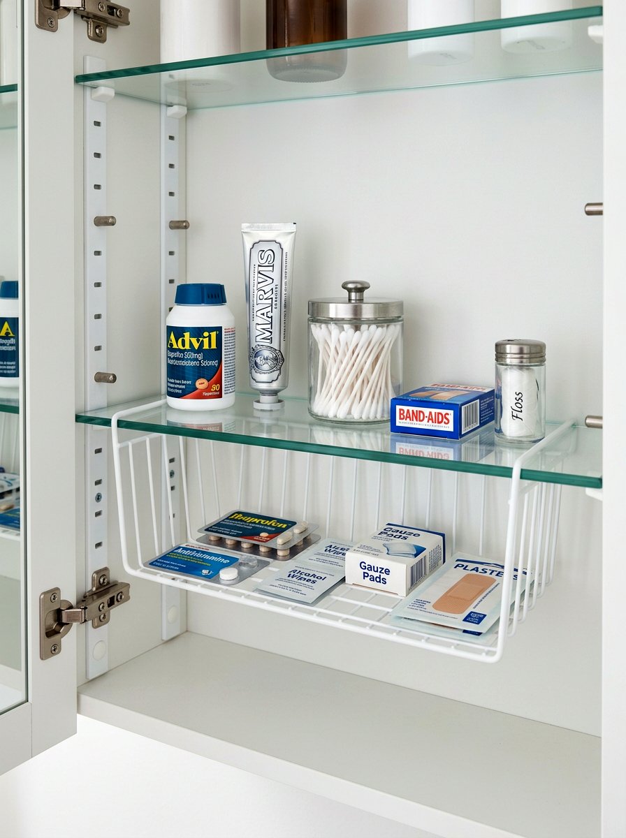 Under Shelf Wire Basket - 30 medicine cabinet organization ideas