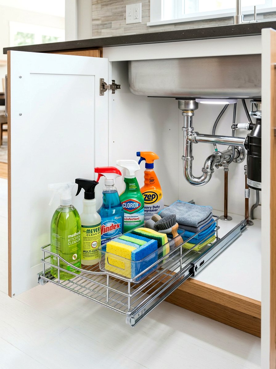Under Sink Cleaning Tray - 30 organizing cleaning supplies ideas