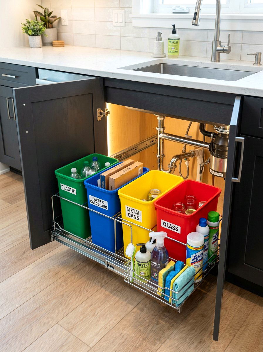 Under Sink Recycling Organizer - 30 hidden recycling bin ideas