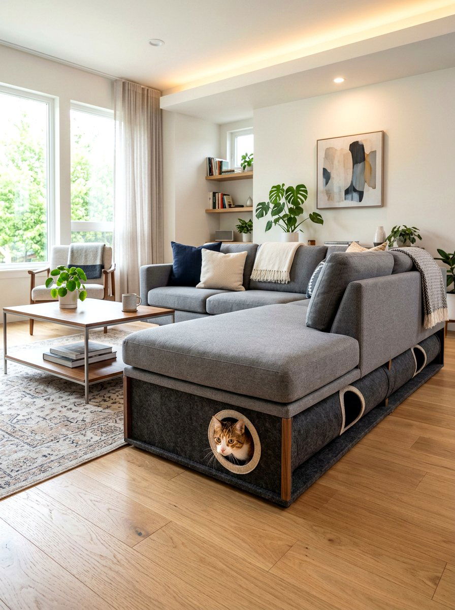 Under Sofa Pet Tunnel - 30 pet nook living room ideas