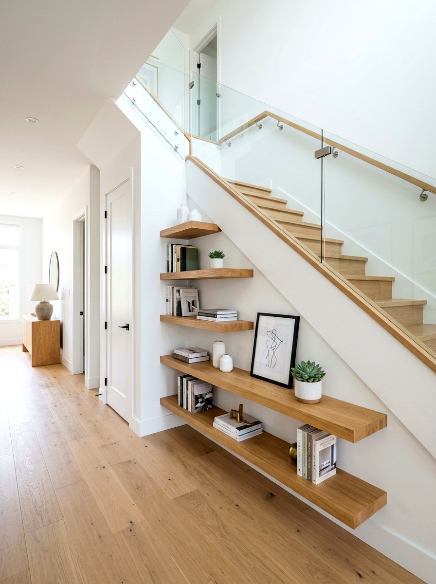 Under Stair Open Floating Wood Shelves - 30 under staircase bookshelf ideas