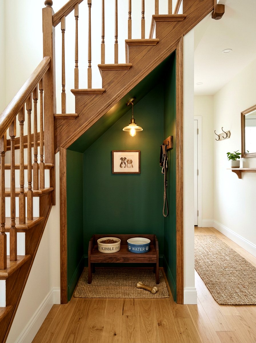 Under Stairs Dog Feeding Nook - 30 pet feeding station ideas