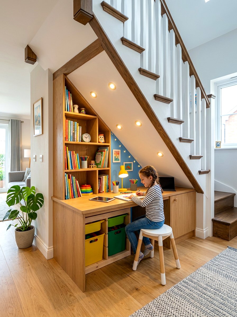 Under Stairs Kids Workspace - 30 kids study corner ideas