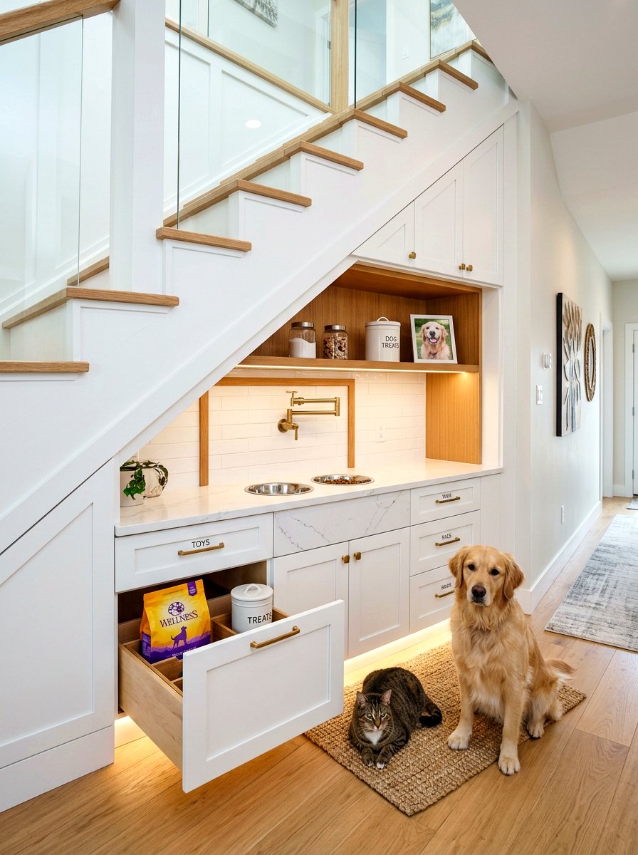 Under Stairs Pet Station - 30 under staircase pet nook ideas