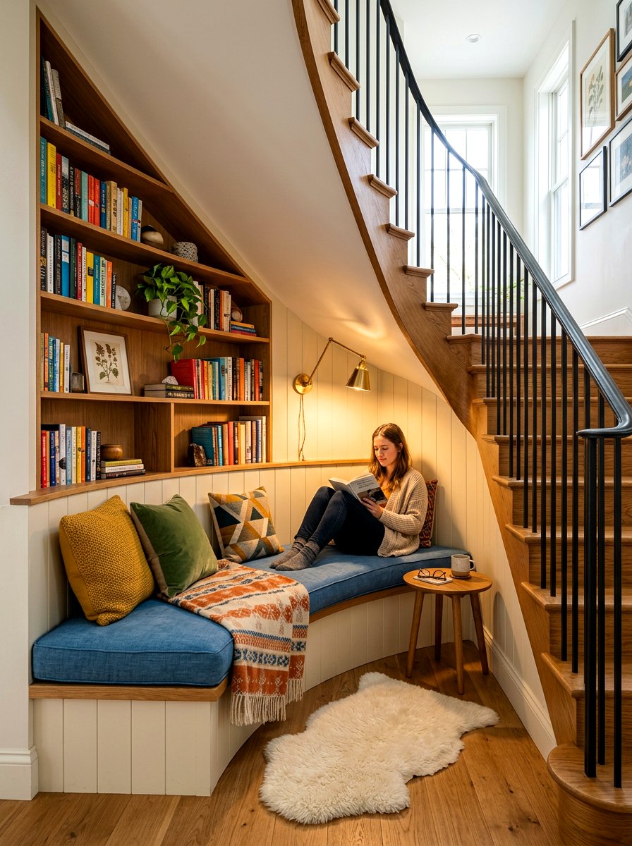Under Stairs Reading Nook - 30 reading room aesthetic ideas