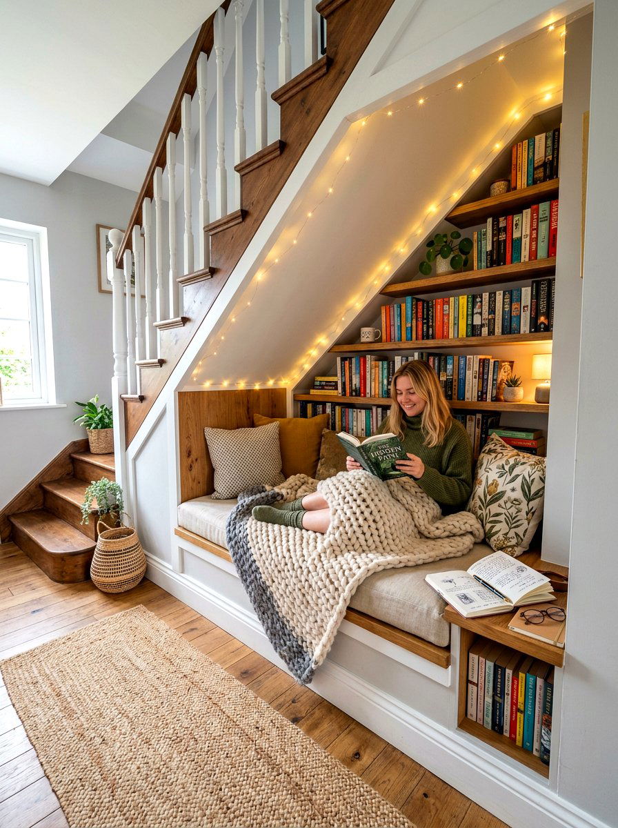 Under Stairs Reading Spot - 30 journaling nook ideas