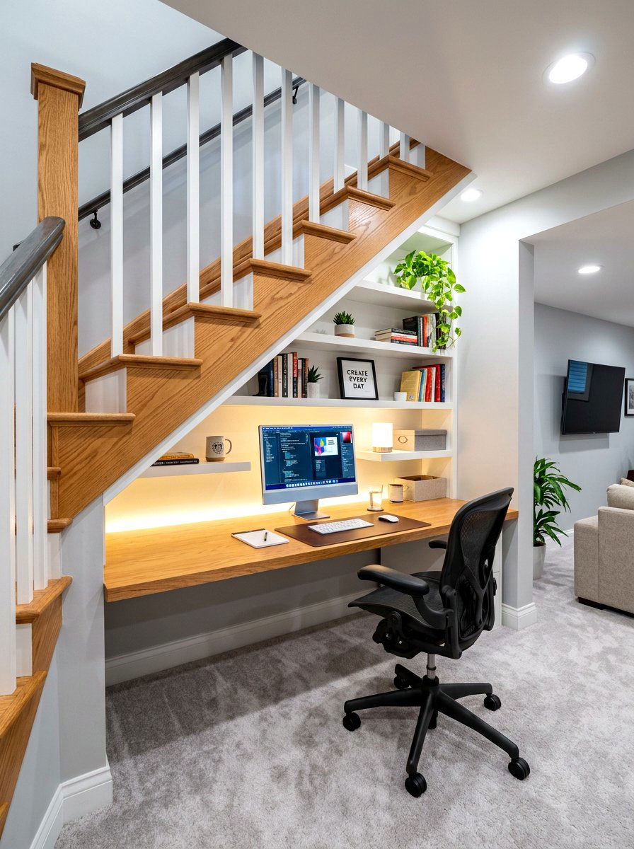 Under Stairs Workspace - 30 basement office nook ideas