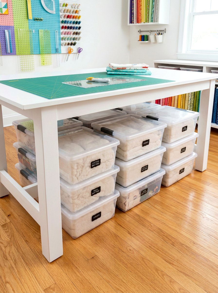 Under Table Storage - 30 sewing room ideas